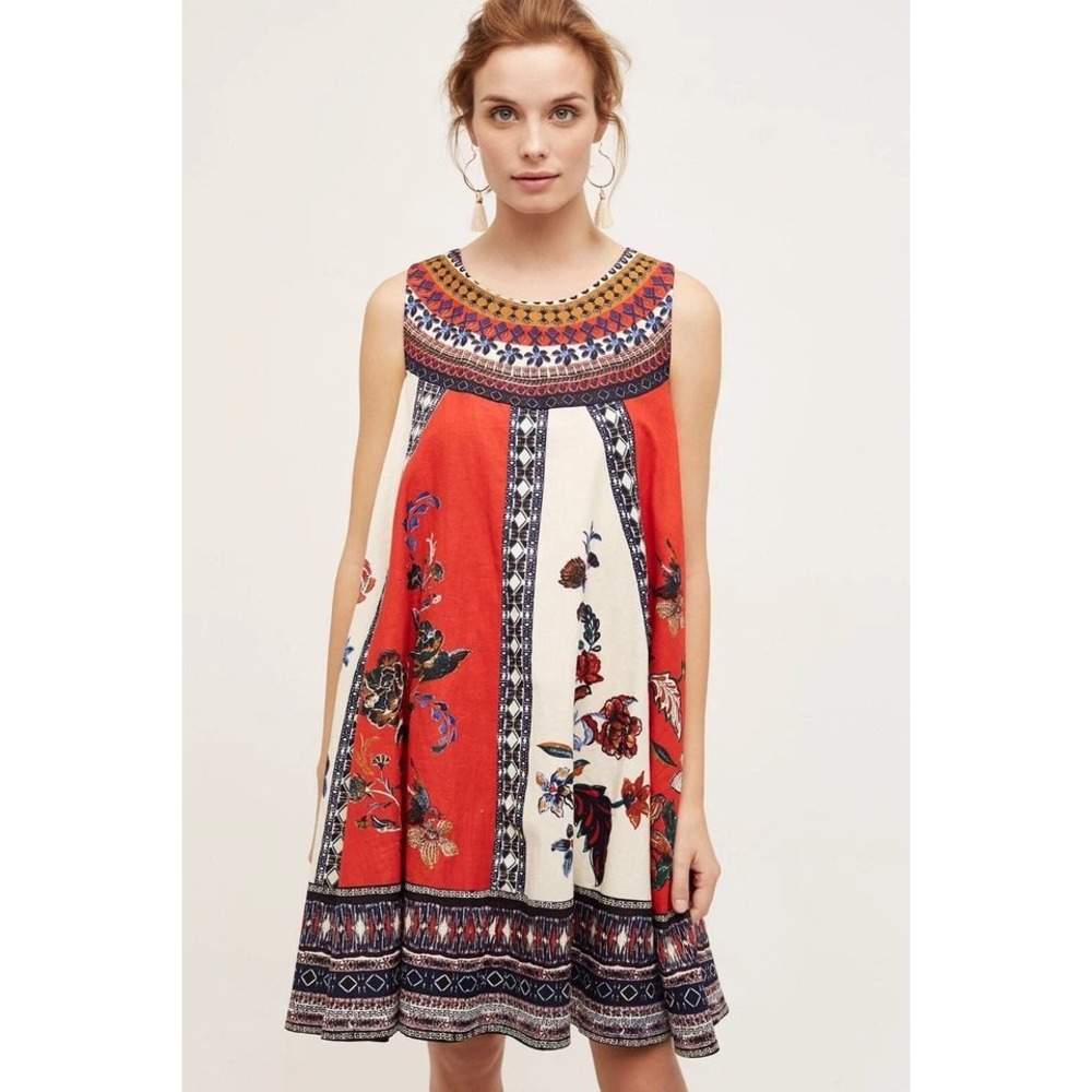 Maeve Anthropologie Red Floral Boho Sleeveless Shift Mini Dress Womens Large